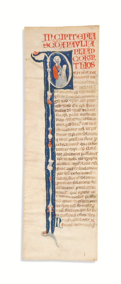 Historikert initial "P" med St. Paul, klippt från en belyst Atlantbibel, Bologna, ca 1270 (bläck på veläng) av Italian School