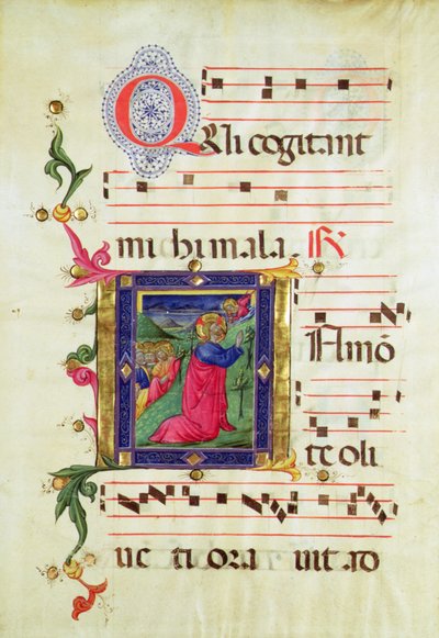 Historikert initial "Q" som skildrar smärtan i trädgården (vellum) av Italian School