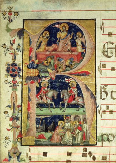 Historikert initial R som visar uppståndelsen, två riddare och ett biskopshelgon som tar emot reliker av Italian School