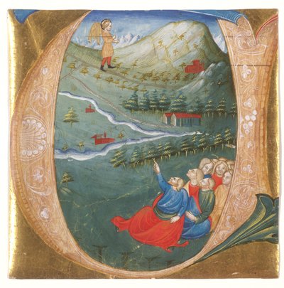 Historikerad initial föreställande Elisa i Elias mantel, utskuren från ett antifonarium, ca 1440 (tempera & bladguld på pergament) av Italian School