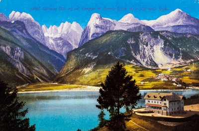 Hotel Molveno med Brentagruppen och Val delle Seghe, vykort, Trentino-Alto Adige, Italien, 1900-talet av Italian School