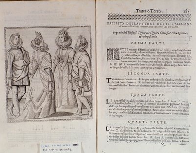 Hur man dansar Alemanna Dubbelsida av Le Gratie dAmore (Le Grazie dAmore) av den italienska dansaren Cesare Negri kallad Il Trombone (1536-1604), fördrag om dans av Italian School