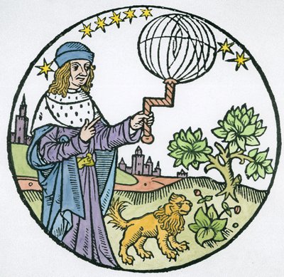 Idealporträtt av Aristoteles (384-322 f.Kr.), kopia av en illustration från Aristoteles cum Leonardi Aretini Commentariis, Venedig 1516, använd i en magihistoria, publicerad i slutet av 1800-talet (la av Italian School