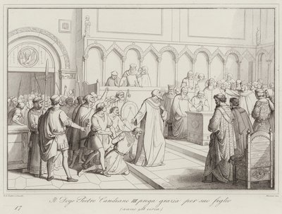 Doge Pietro Candiano III ber om nåd för sin son, 958 (gravyr) av Italian School