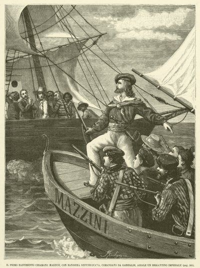 Det första varvet som heter Mazzini, med republikansk flagga, under kommando av Garibaldi, Assale An Imperial Brigantion (gravyr) av Italian School