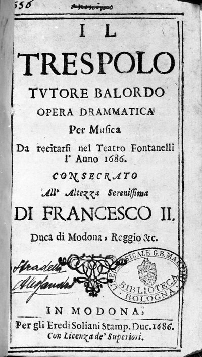 Abborrläraren dumt partitur för operan av Alessandro Stradella (1644 - 1682) italiensk kompositör. Modena 1688. av Italian School
