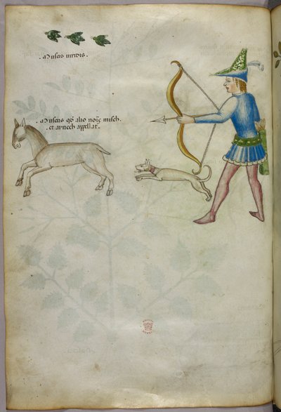 Illustration av en man med pilbåge som skjuter mot ett djur, med en hund och fåglar ovanför, ca 1440 (bläck  färg på pergament) av Italian School