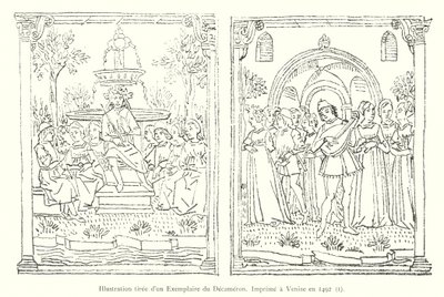 Illustration från en kopia av Decameron, tryckt i Venedig 1492, I (gravyr) av Italian School
