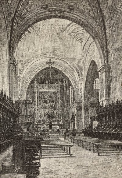 Interiör av Chiaravalle-kyrkan, Italien, gravyr från teckning av Quinto Michetti, från L