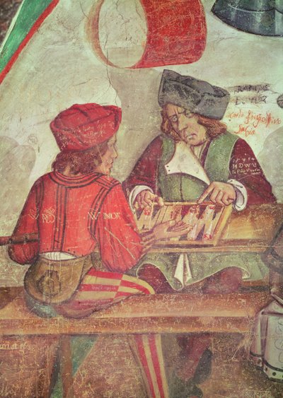 Interiör av ett värdshus, detalj av backgammonspelare (fresk) av Italian School