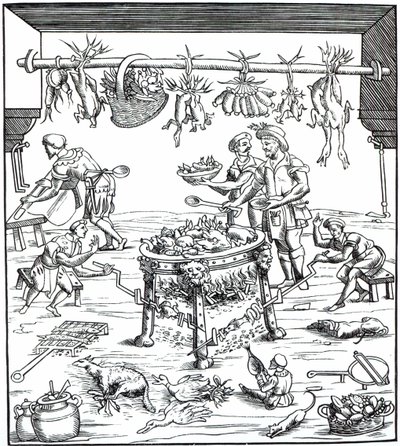 Interiör i ett italienskt kök, efter träsnitt i Banchetti composidi di Vivende av Christoforo di Messisburgo, publicerad 1549 av Italian School