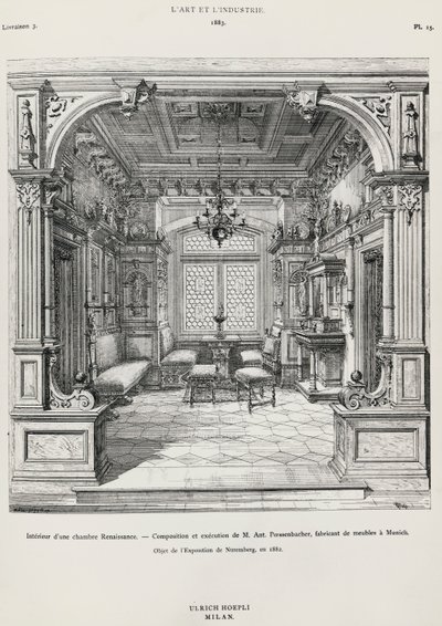 Interiör i sovrum i neorenaissance-stil av Possenbacher, Monaco, illustration från L