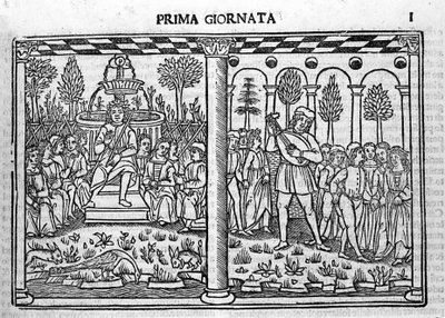 Inledning: representation av författaren till Decameron omger tio ungdomar. Illustration av den första dagen av Decameron (1349-1351) av Giovanni Boccaccio eller Jean Boccace (1313-1375), gravyr i "" Decamerone ouer Cento nouelle"" Venedig, Bartol av Italian School