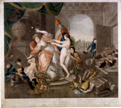 Italiensk anti-fransk satirisk publikation om invasionen 1796. Museo del Risorgimento. Milano av Italian School