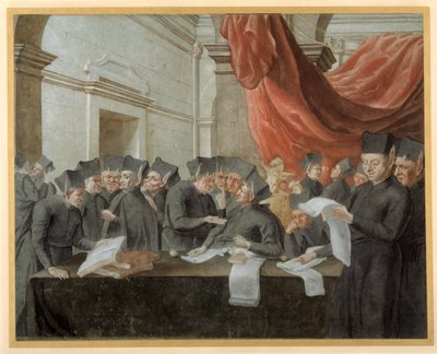 Jesuiter i konklaven, bråkar om konton (penna och bläck med akvarell på papper) av Italian School