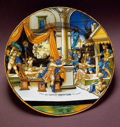 Josef och Putifars hustru Josef flyr från Putifars (Potifars) hustru och försöker förföra honom. Keramisk platta tillverkad i Urbino, Italien. 1537 runt Florens, Museo Nazionale del Bargello av Italian School