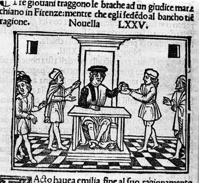 Domscen i Florens. Illustration för nyheterna 75 (ny 5 av den åttonde dagen) av "Decameron"" av Giovanni Boccaccio dit Jean Boccaccio (1313-1375), italiensk författare. Gravyr i "" Decamerone ouer Cento nouelle"" Venedig, Bartolomeo de 