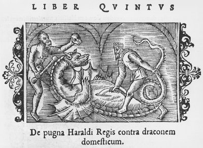 Kung Harald kämpar mot en drake, illustration från History of the Northern Nations av Olaus Magnus (1490-1558), publicerad i Rom, 1555 av Italian School