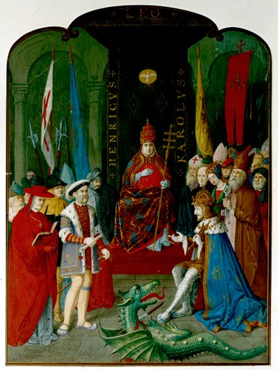 Kung Henrik VIII i tvist med kejsaren Karl V innan påven Leo X. Henrik håller en rulle, som kan vara tjuren från 1521 som ger honom titeln "Försvarare av tron" (bläck & akvarell på papper) av Italian School