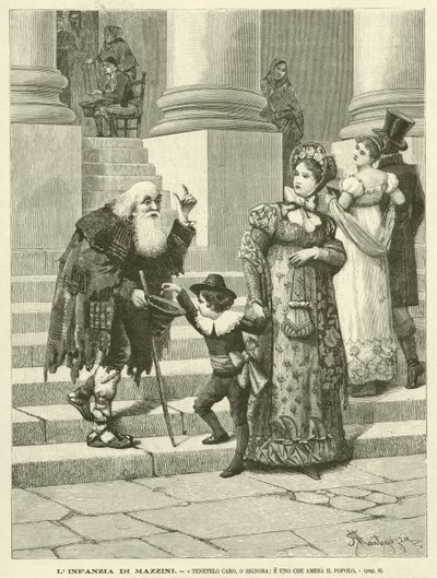 Mazzinis barndom, "Håll honom kär, o fru och en som älskar folket" (gravyr) av Italian School
