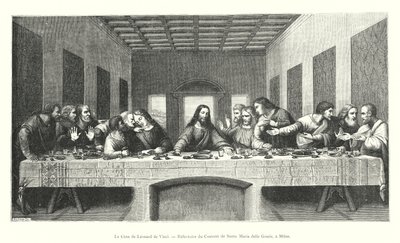 Den sista måltiden av Leonardo da Vinci, matsal i klostret Santa Maria delle Grazie, i Milano (gravyr) av Italian School