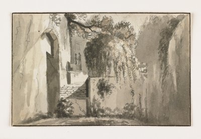 Landskap med ruiner, tidigt 1800-tal (penna och brunt bläck över krita) av Italian School