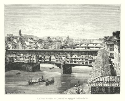 Le Ponte Vecchio, Construit en 1345 par Taddeo Gaddi (gravyr) av Italian School