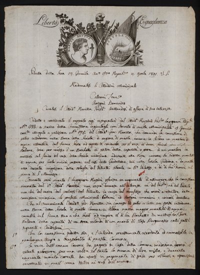 Brev på italienska, med en skildring av Brutus den yngres huvud, en brinnande hand som representerar Gaius Mucius Scaevola och franska revolutionens motto av Italian School