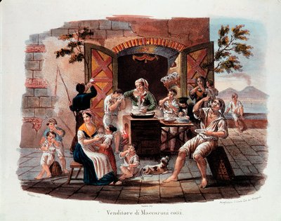 Little Napolitan metier: en säljare av kokta makaroner. I fjärran vesuven vid Neapelbukten. Litografi från 1800-talet. National Museum of Pasta, Agnesi Foundation, Rom av Italian School
