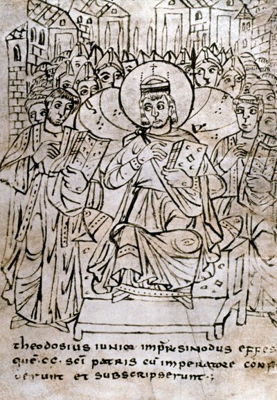 Lombardkonst: "" Kejsar Theodosius II (401-450), sonson till Theodosius I, vid konciliet i Efesos den 22/06/431, fördömande nestorianism (av patriarken Nestorius eller Nestorios)"" Teckning med penna på pergament hämtar från ett fördrag om kanoniska rättig av Italian School