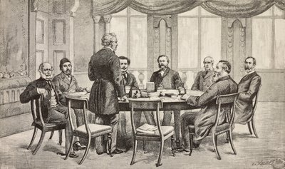 Londonkonferens om Egypten, Storbritannien: greve Munster, Musurus Pasha, Granville (stående), greve Nigra, Waddington, De Staal, Childers, greve Karolyi, gravyr från teckning av Edoardo Ximenes, från L