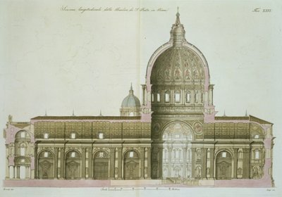 Longitudinellt tvärsnitt av St. Peters i Rom, plåt 26 från del III av Nationernas historia, graverad av G. Lago av Italian School