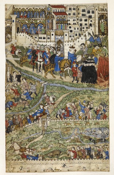 MS Add.27695 fol.6v Förstörelsen av tempelriddare och döden av kung Filip IV (1268-1314) av Frankrike, illustration från 