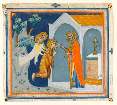 MS McClean folio 201.4 r St. Mary Magdalene, i vildmarken runt Aix, bärs av änglar till St. Maximin, som administrerar sin sista nattvard, ca 1330 av Italian School