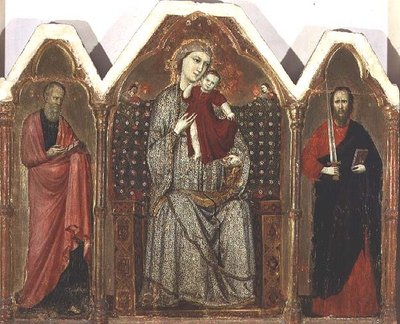 Madonna och Child Enthroned, med SS. Johannes evangelisten och Paulus, Riminesiska skolan (triptykpanel) av Italian School