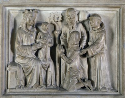Madonna och barn, med en krigare och helgon, relief skapad av The Masters of Campione. Italien av Italian School