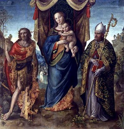 Madonna och barn med helgon (olja på panel) av Italian School