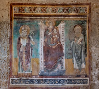 Madonna tronade med de heliga Augustinus och Severus, Oratory of the Crucifix, sista fjärdedelen av XIII-talet (fresk) av Italian School