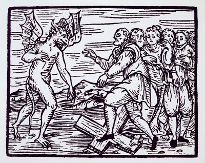 Manlig häxa som avsäger Kristus, kopia av en illustration från Compendium Maleticarum av Fr M Guaccius, Milano 1608, använd i History of Magic, publicerad i slutet av 1800-talet av Italian School