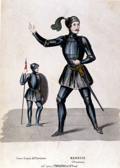 Manricos kostym för den första representationen av Trouvère (Trovatore) av Giuseppe Verdi (1854) biblioteca de la scala de Milan av Italian School