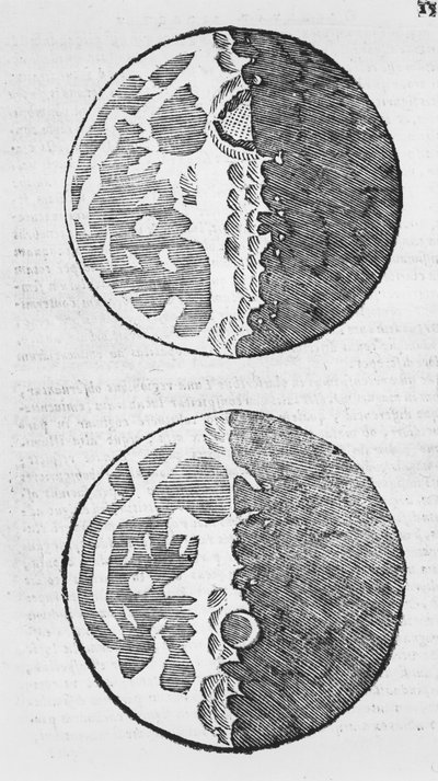 Kartor över månen, illustration från Sidereus Nuncius av Galileo Galilei, 1610 av Italian School