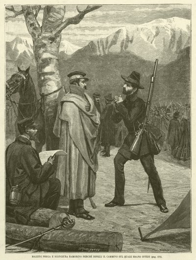 Mazzini ber och trollar Ramorino att återuppta den väg som de var avsedda på (gravyr) av Italian School