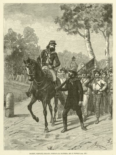 Mazzini, enkel soldat, bar Guds och människors flagga (gravyr) av Italian School