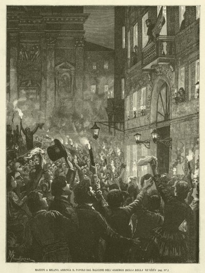 Mazzini i Milano, Arringa folket från balkongen på Albergo Della Bella Venezia (gravyr) av Italian School