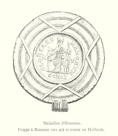 Medallion of Honorius, slagen vid Ravenna omkring 402 och hittades i Holland (gravyr) av Italian School