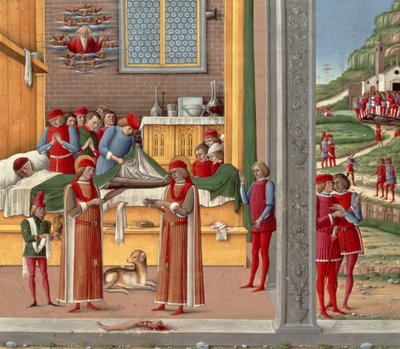 Medeltida amputationsscen (tempera på panelen) av Italian School
