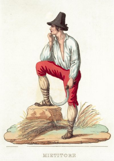 Mietitore (färgad gravyr) av Italian School