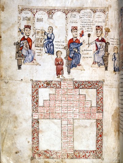 Miniatyrsida av ”Ecloga Legum””, juridiskt manuskript från 1175. De visade karaktärerna är från vänster till höger Justinianus I (482 - 565), Leo I (457-474) och Konstantin I den store (270/288 - 337) . Venedig, bibl. Marciana. av Italian School