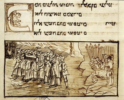 Ms.C.A.2795 Det judiska folket korsar Röda havet med den heliga arken följt av egyptierna, från historien om det judiska folket av Italian School