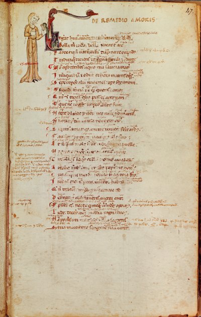 Ms 19 fol.47 Sida med text med en historisk initial, från LArt dAimer av Ovid (43-17 f.Kr.) av Italian School